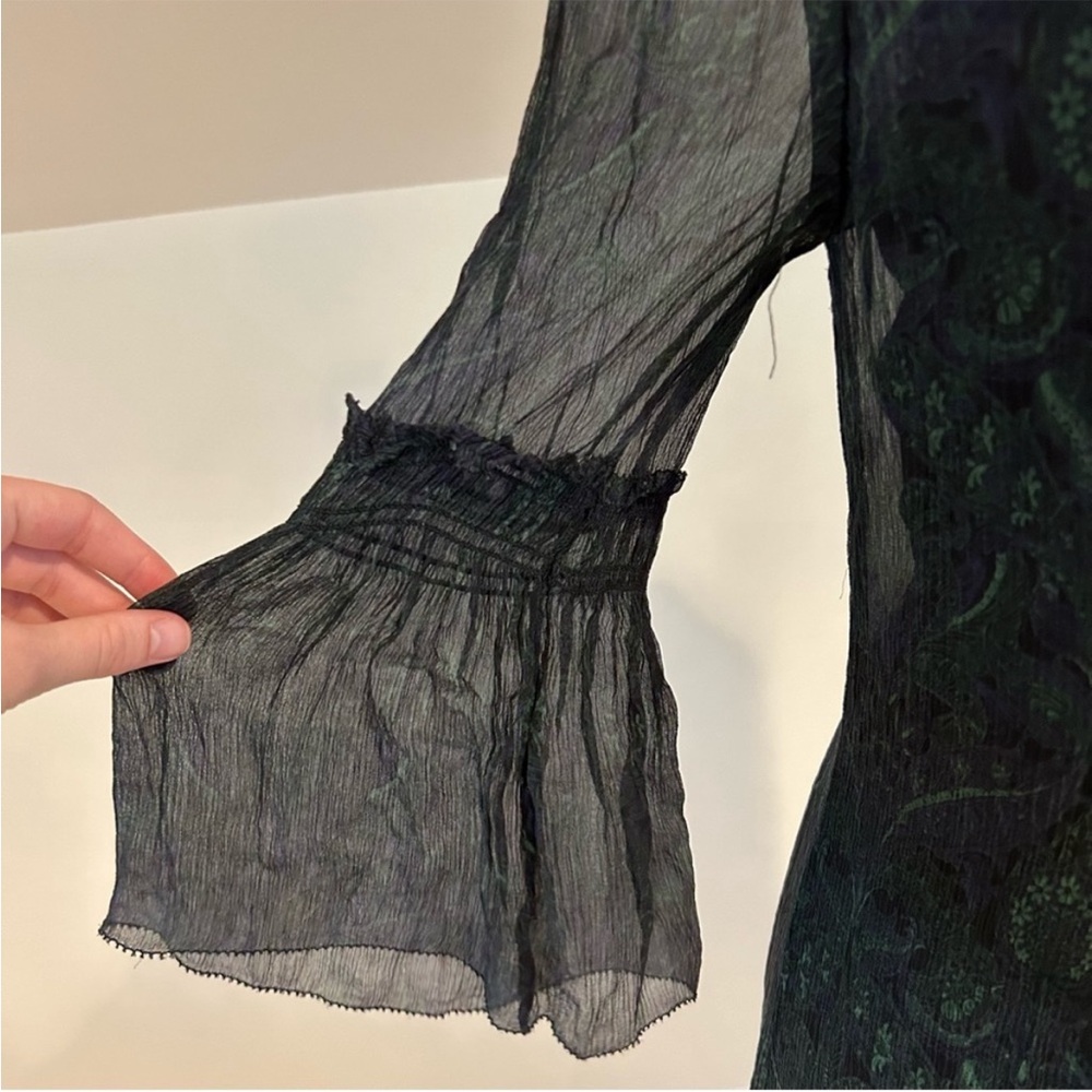 Elie Tahari Black and Green Silk Bell Sleeve Dress - Picture 11 of 13